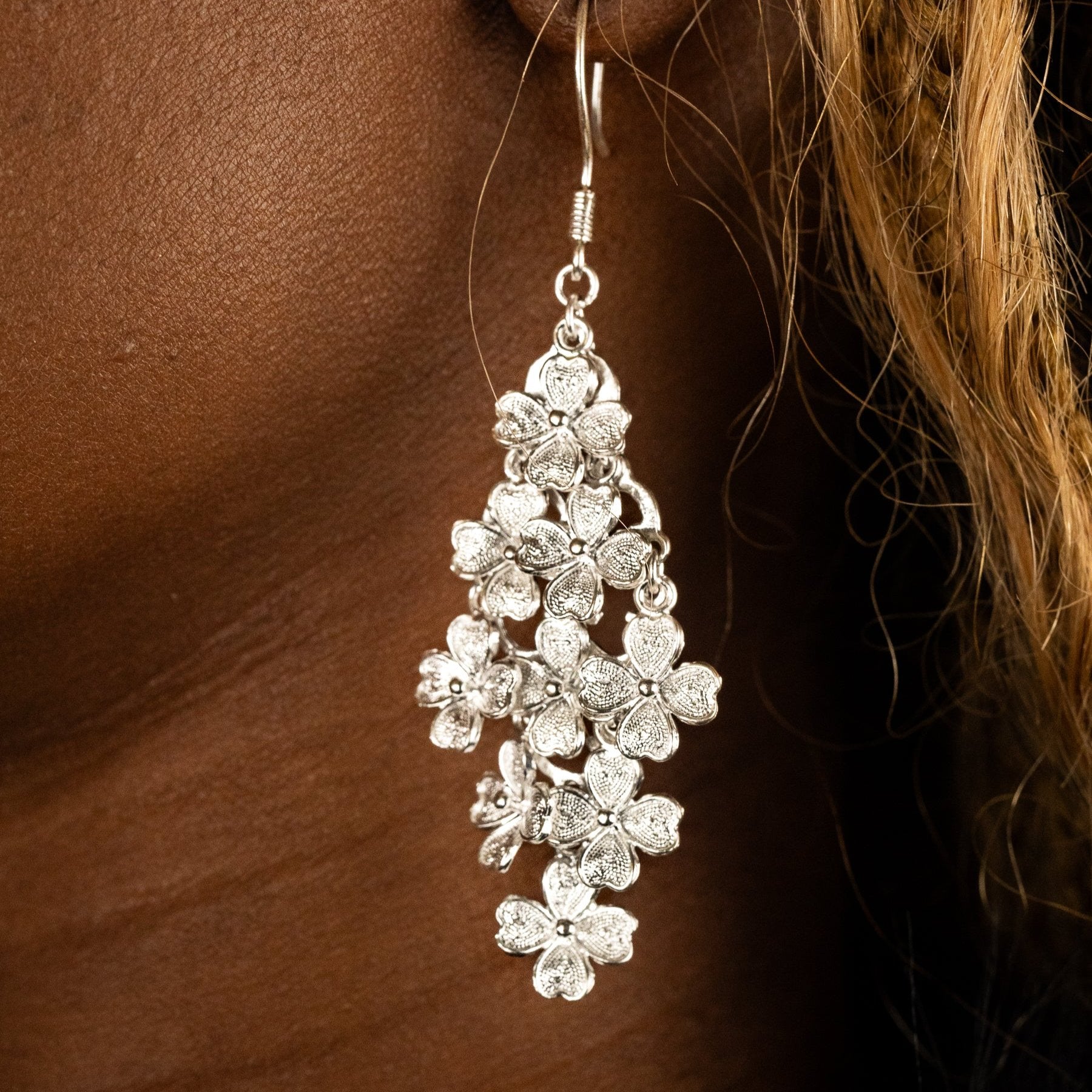 Model wears a fine filigree silver clover  earring