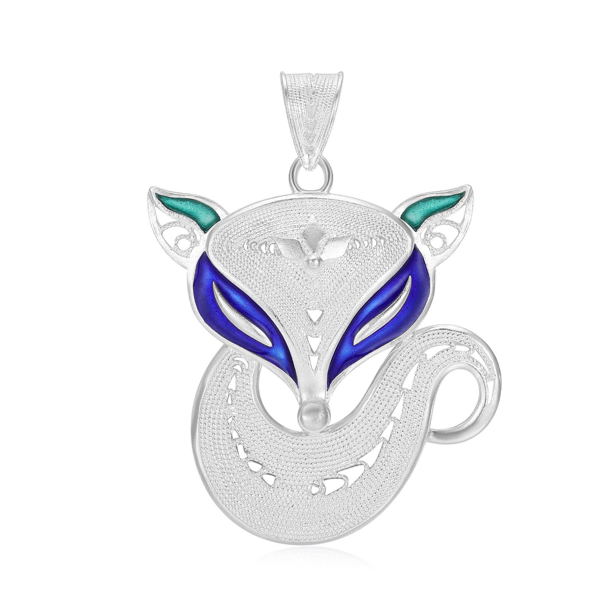 Close-up of the Ebnix fox pendant showcasing intricate Miao filigree detailing in pure 999 silver, capturing traditional Chinese craftsmanship