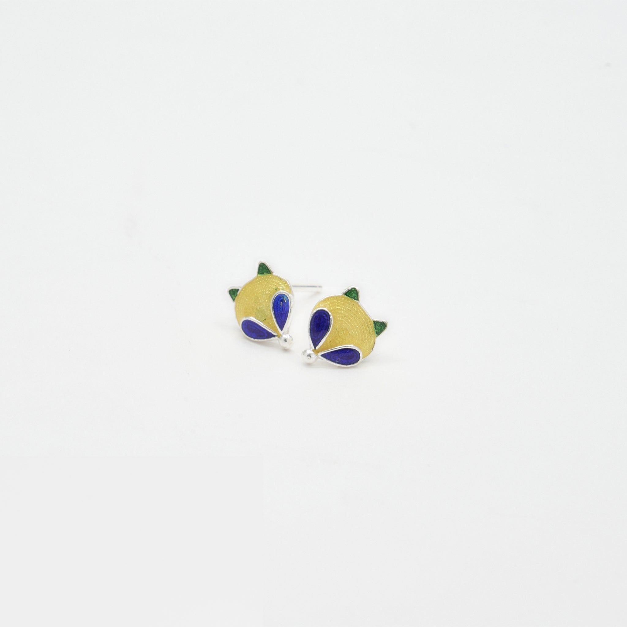 Ebnix Sunny Fox Cloisonné Enamel Stud Earrings in vibrant yellow with blue eyes and green ears, crafted on a premium S999 silver base