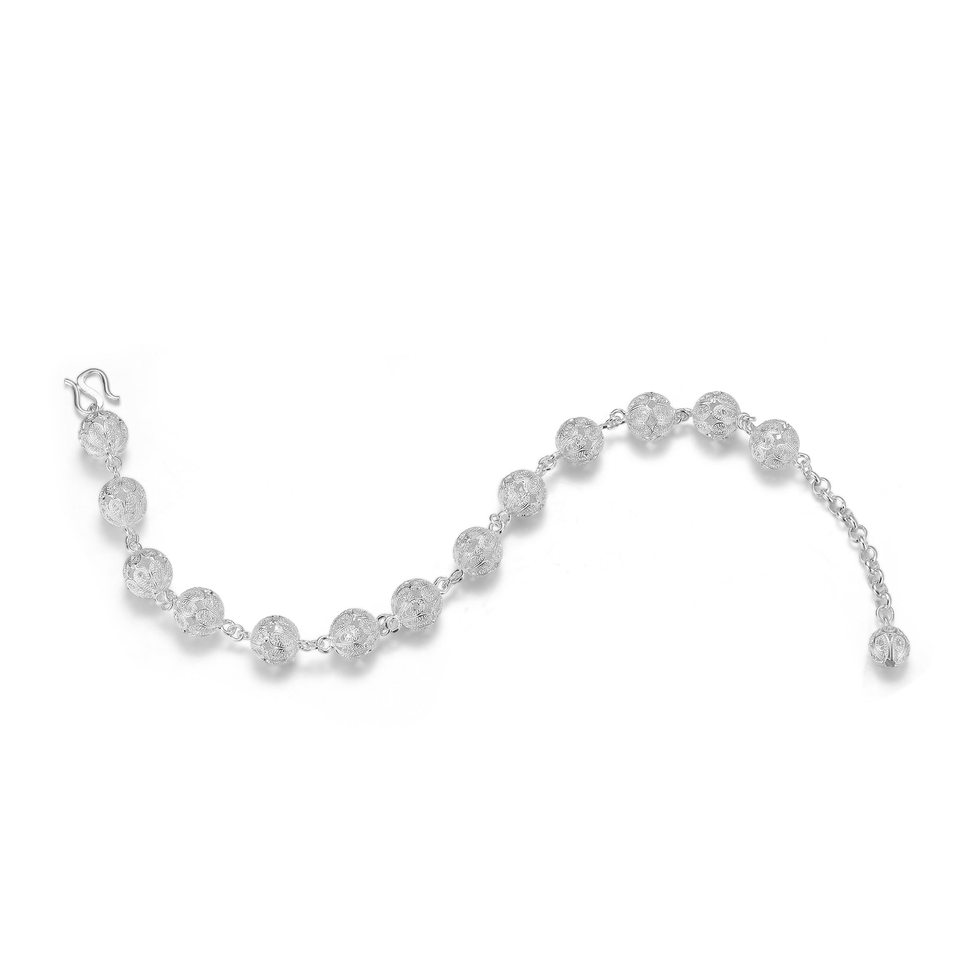 Ebnix SphereLink Bracelet with 12 handcrafted S999 silver globes, showcasing premium filigree craftsmanship.