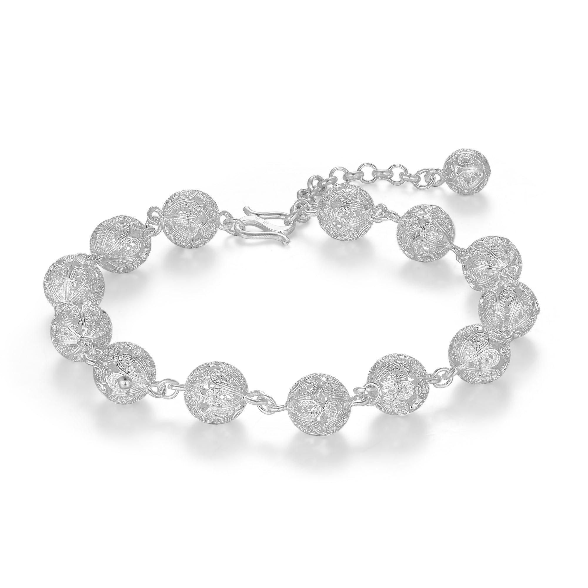  Overview of Ebnix SphereLink Bracelet, featuring 12 handcrafted silver globes with intricate filigree work.